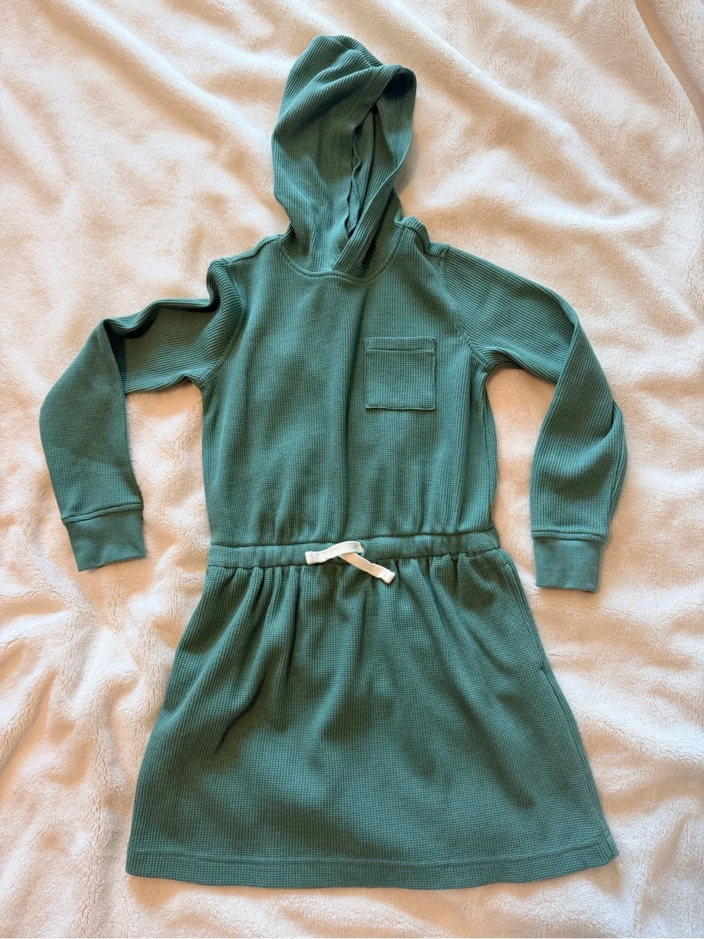 Primary Green Hooded Waffle-Knit Dress with Drawstring